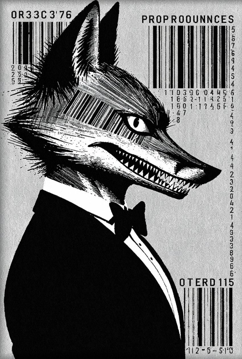 abstract_background anthro barcode bow_(feature) bow_tie clothed clothing formal_clothing looking_at_viewer male sharp_teeth side_view solo suit teeth text lezzy canid canine fox mammal hi_res monochrome