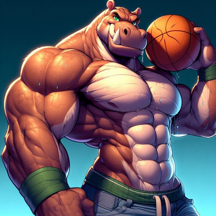 abs anthro basketball bodily_fluids dall-e_3 green_eyes looking_at_viewer male muscular muscular_anthro muscular_male pecs simple_background solo sweat three-quarter_view wristband val_the_sergal common_hippopotamus hippopotamid mammal