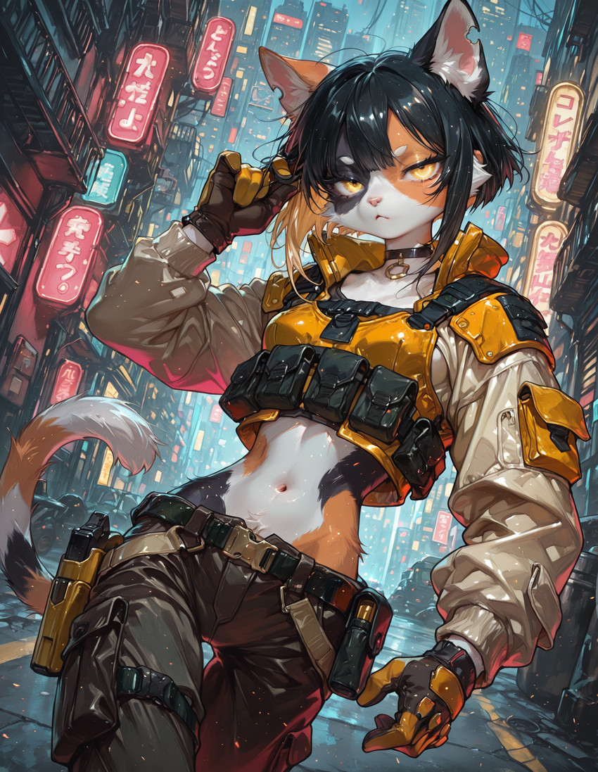 5_fingers anthro choker city city_background clothed clothing cyberpunk female fingers front_view fur gun hair jewelry looking_at_viewer mottled multicolored_body multicolored_fur multicolored_hair necklace piebald pockets ranged_weapon slim solo two_tone_hair weapon yellow_eyes crablord calico_cat domestic_cat felid feline felis mammal hi_res