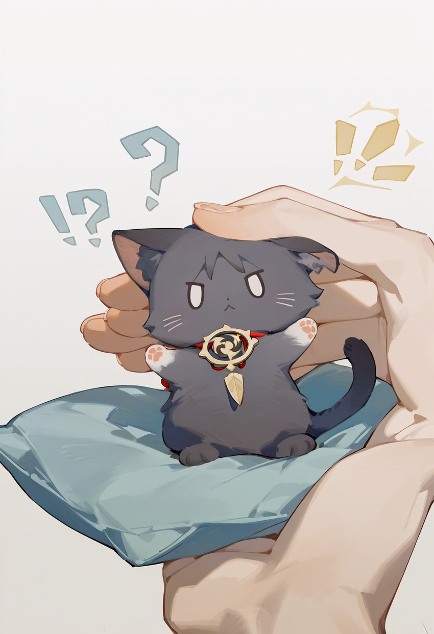 black_body black_fur fur pillow pov_hands simple_background solo tail whiskers ztaiai3 genshin_impact scaramouche_(genshin_impact) domestic_cat felid feline felis mammal absurd_res hi_res
