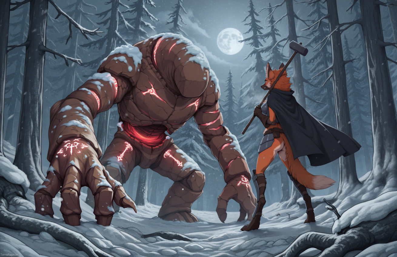 anthro armor belt bottomless bottomless_female butt cloak clothed clothing cloud digitigrade duo evergreen_tree faceless_character fantasy female female_anthro fight forest furgonomic furgonomic_footwear gloves growling hammer handwear holding_object imminent_fight imposing long_legs magic medieval moon night pine_tree plant rear_view rock runes snow snowing standing tools tree weapon terraraptor world_of_midria canid canine elemental_creature mammal maned_wolf mineral_fauna mythological_golem rock_creature director_name hi_res