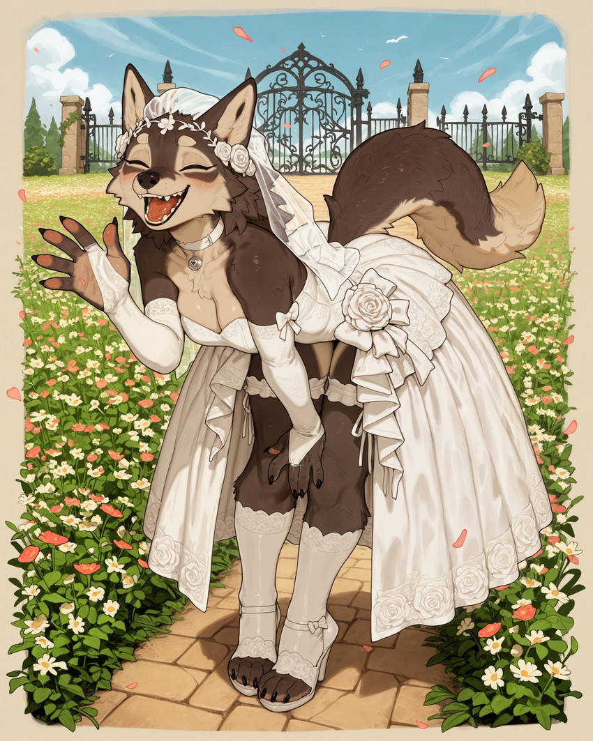 anthro armwear bent_over blue_sky blush border breasts bridal_gauntlets bridal_veil chest_tuft choker claws clothing cloud digit_ring dress eyelashes eyes_closed female flower_field fluffy fluffy_tail footwear front_view gate gesture happy high_heels jewelry legband long_eyelashes medium_breasts necklace open_mouth open_smile pawpads petals ring road sky smile socks solo thighband tuft waving waving_at_viewer wedding_dress wedding_ring wedding_veil white_clothing burioth canid canine canis mammal wolf absurd_res full-length_portrait hi_res portrait