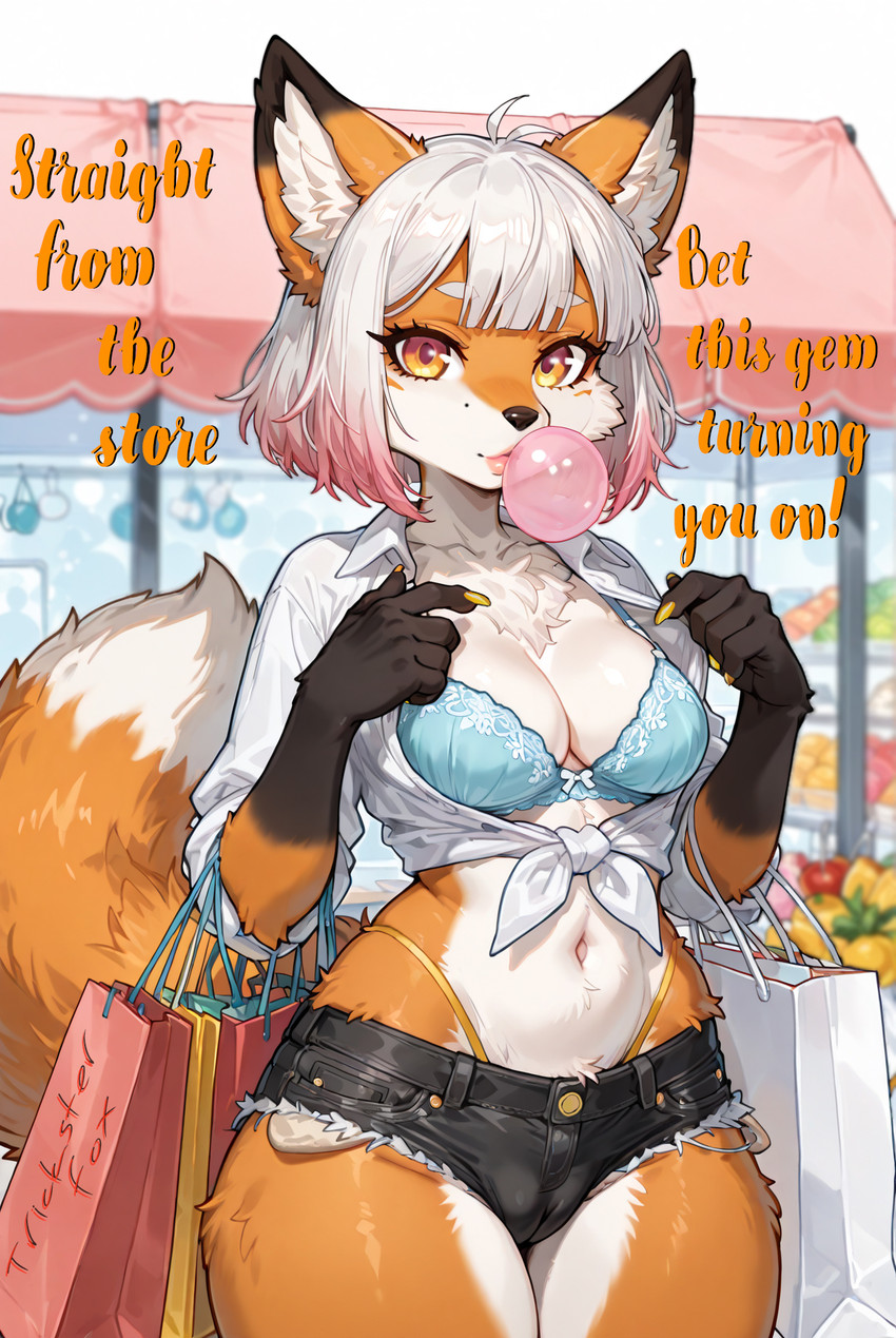 animal_ear_fluff animal_ears animal_nose anthro bag bangs black_bottomwear black_clothing black_shorts blowing_bubble blue_bra blue_clothing blue_underwear blush body_fur bottomwear bra breasts chewing_gum cleavage clothed clothing cutoffs denim denim_clothing female food fox_ears fox_tail fur gradient_hair hair highleg highleg_panties hotpants looking_at_viewer medium_breasts microshorts midriff minishorts multicolored_hair navel orange_body orange_fur organs panties partially_clothed pink_hair shirt shopping_bag short_hair shorts smile snout solo standing stomach tail text tied_shirt topwear underwear white_body white_clothing white_fur white_hair white_shirt white_topwear yellow_eyes tricksterfox canid canine fox mammal furry holding_(disambiguation) thighs english_text hi_res