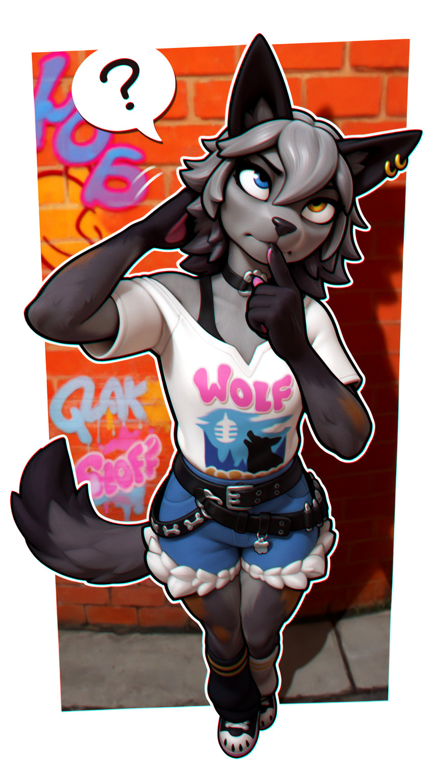 animal_ears ankle_sock anthro belt belt_buckle black_body black_claws black_ears black_fur black_nose black_outline blue_bottomwear blue_clothing blue_eyes blue_shorts border bottomwear brick_wall bullet choker chromatic_aberration claws clothed clothing collar concrete cutoffs denim denim_clothing ear_piercing female film_grain finger_to_mouth fingerpads footwear fur fur_trim graffiti grey_body grey_fur grey_hair hair hair_between_eyes head_tilt heterochromia inner_ear_fluff jewelry legs_together looking_up mismatched_legwear motion_lines multicolored_body multicolored_fur necklace off_shoulder outline outside_border pawpads pendant piercing pink_pawpads print_clothing print_shirt print_topwear prompt question_mark raised_arm scratching shirt shoes short_sleeves shorts sneakers solo speech_bubble standing tail text text_on_clothing text_on_shirt text_on_topwear thick_outline thinking topwear tuft wall_(structure) white_border white_clothing white_outline white_shirt white_topwear wolf_ears wolf_tail yellow_eyes joe420 epic_games fortnite wolfie_(fortnite) canid canine canis mammal wolf 2025 absurd_res english_text full-length_portrait hi_res portrait prompt_metainfo