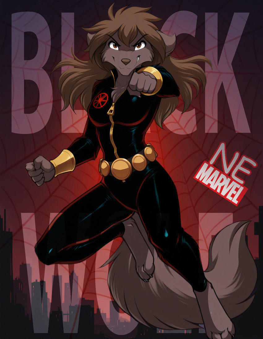 anthro barefoot body_fur body_suit breasts brown_body brown_eyes brown_fur clothing cosplay feet female fur gradient_background leather leather_clothing simple_background small_breasts solo town lavroviy_list marvel twokinds natani hi_res noobai_(model) stable_diffusion