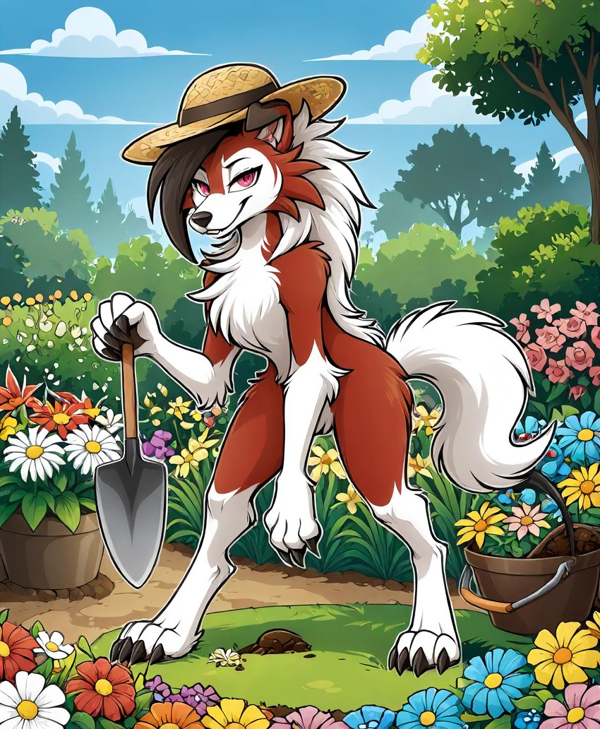 ambiguous_gender anthro bucket chest_tuft claws clothing cloud container digitigrade dirt flower flower_pot garden gardening gesture hat headgear headwear holding_object neck_tuft paws plant pointing semi-anthro shovel sky smile smirk solo standing straw_hat tools tree tuft featherus canid canine generation_7_pokemon lycanroc mammal pokemon_(species) hi_res