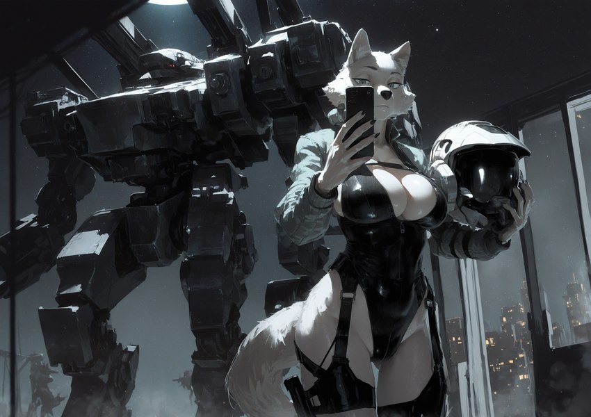 armor big_breasts black_clothing black_nose blue_eyes breasts cellphone city cleavage clothed clothing detailed_background duo electronics female fur headgear helmet highleg holding_cellphone holding_object holding_phone holding_smartphone inner_boob inside jacket latex legwear leotard looking_at_viewer machine night phone presenting selfie skimpy skinsuit smartphone solo standing star thigh_highs thigh_strap tight_clothing topwear white_body white_fur window unknown_director canid canine canis fox mammal robot wolf hi_res
