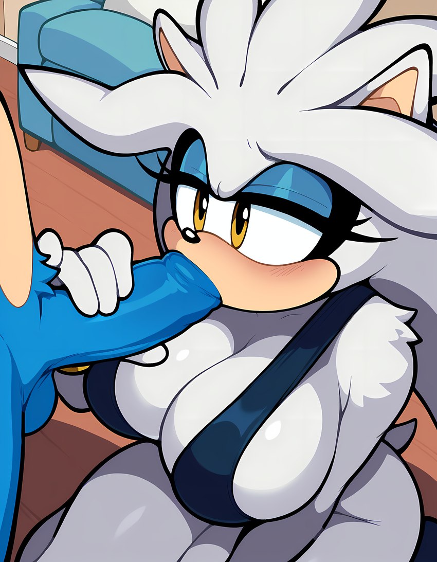 anthro big_breasts breasts crossgender duo fellatio female foreskin fur genitals handjob male male/female oral penile penis sex sonic_the_hedgehog_(series) alizsarts silver_the_hedgehog sonic_the_hedgehog eulipotyphlan hedgehog mammal absurd_res hi_res