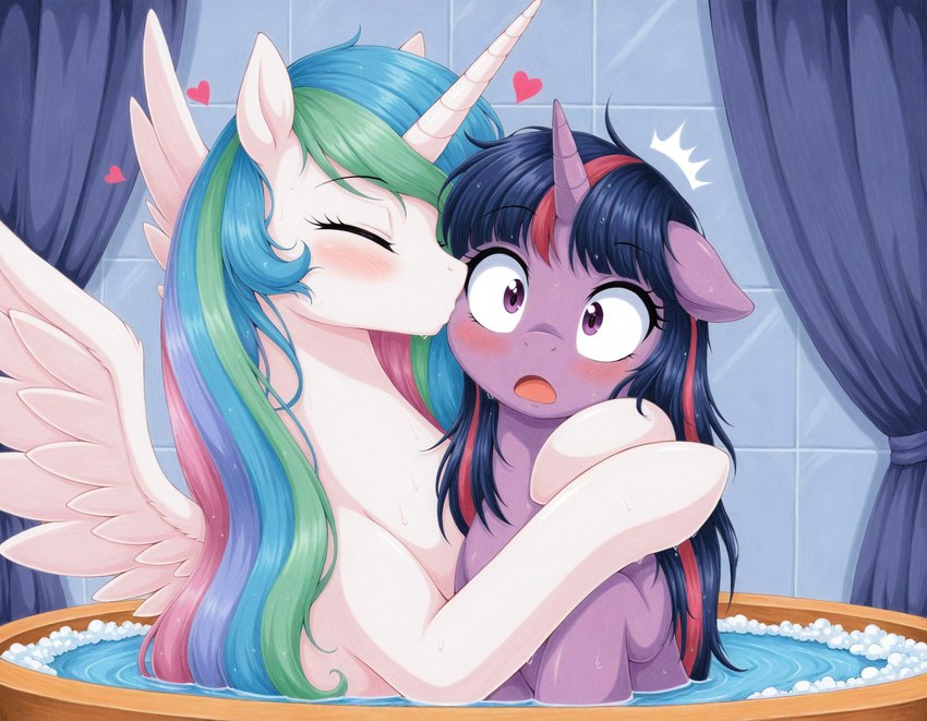 bath bathing blush curtains duo embrace eyebrow_through_hair eyebrows eyes_closed female female/female feral floating_heart hair horn hug inside kissing kissing_cheek multicolored_hair open_mouth purple_body purple_eyes spread_wings surprise_kiss surprised_expression translucent translucent_hair water wet wet_hair white_body wide_eyed wings tyto4tme4l friendship_is_magic my_little_pony princess_celestia_(mlp) twilight_sparkle_(mlp) equid equine horse mammal pony unicorn winged_unicorn hi_res