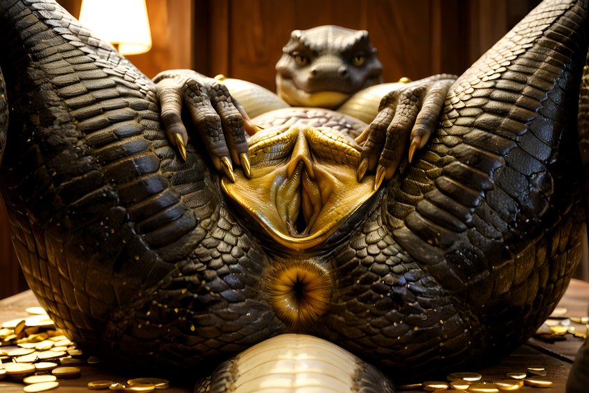 anthro black_body black_scales female gaping gaping_pussy genitals golden_anus golden_pussy pussy scales solo spread_pussy spreading niru humanoid reptile scalie hi_res