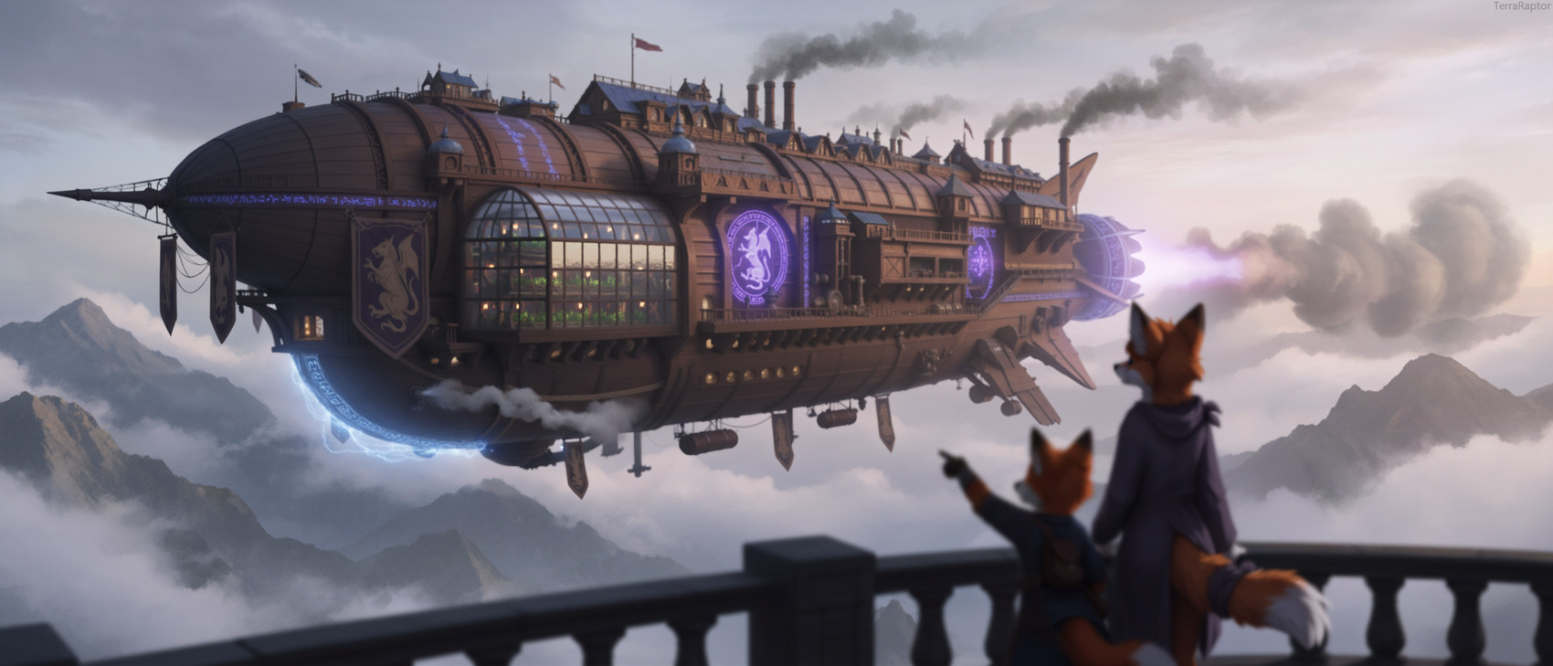aircraft airship anthro balcony cloud detailed_background duo fantasy floating gesture industrial magic medieval mountain pointing railing runes smoke steam young terraraptor world_of_midria canid canine fox mammal red_fox director_name hi_res