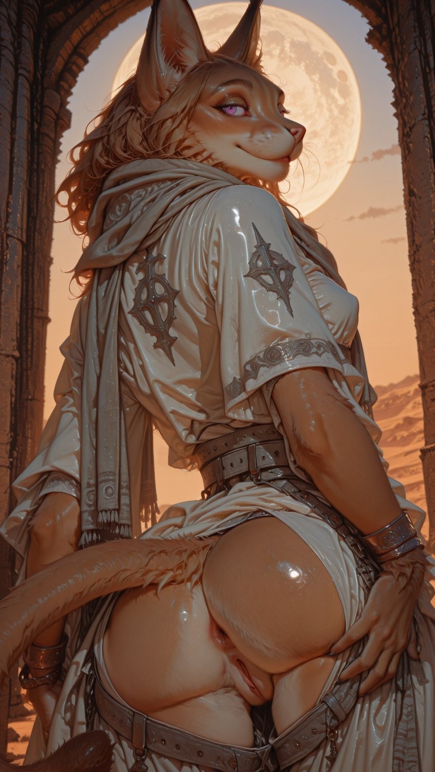 animal_ears anthro anus belt bottomwear breasts brown_body brown_fur butt butt_grab claws clothing desert female fingers fur genitals hand_on_butt looking_at_viewer looking_back looking_back_at_viewer moon morri_g pants presenting presenting_hindquarters pussy rear_view robe scarf small_breasts smile solo tail violet_eyes caracal caracal_(genus) felid feline mammal hi_res