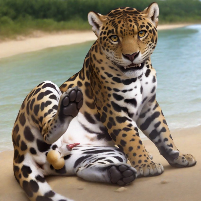 4_toes 5_toes anatomically_correct anatomically_correct_genitalia animal_genitalia animal_penis anus balls beach black_pawpads canine_teeth erection feet feline_balls feline_penis feline_sheath feral genitals looking_at_viewer lying male on_side open_mouth pawpads paws penis plant presenting presenting_balls presenting_penis presenting_sheath raised_leg river seaside shoreline shrub snarling solo staring teeth toes whiskers yellow_eyes drla felid jaguar mammal pantherine hi_res