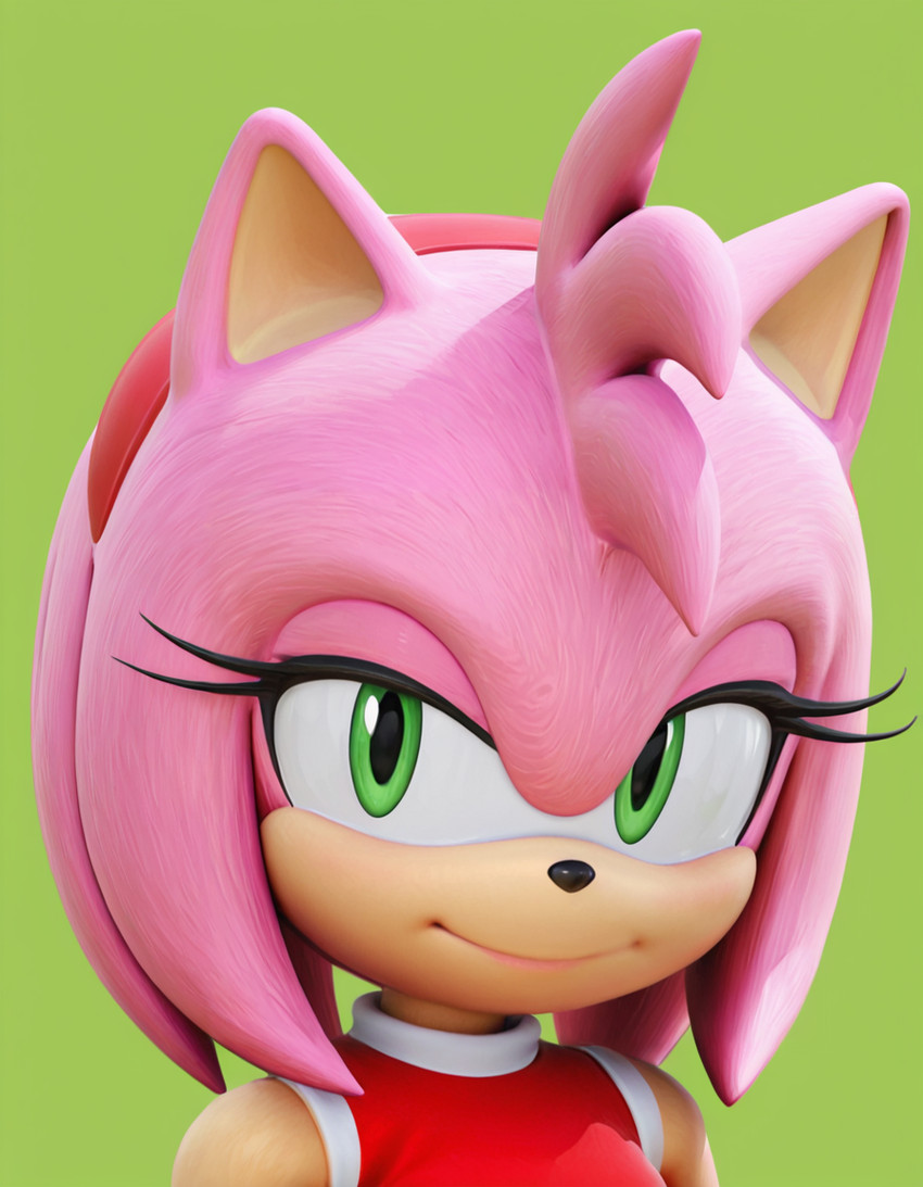 accessory anthro clothing dress eyelashes female fur green_eyes hair_accessory hairband half-closed_eyes looking_at_viewer narrowed_eyes pink_body pink_fur simple_background smile smiling_at_viewer solo upper_body jlfo sega sonic_the_hedgehog_(series) amy_rose eulipotyphlan hedgehog mammal 3d_(artwork) digital_media_(artwork) portrait