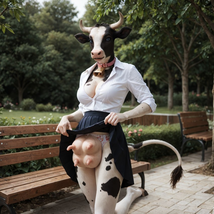 anthro bench blue_eyes bottomwear breasts cleavage clothed clothing clothing_lift collar cow_spots dress_shirt female hooves horn leg_up neck_bell outside panties park plant shirt skirt skirt_lift solo solo_focus tail_tuft teats topwear tree tuft udders underwear xerox3 bovid bovine cattle mammal tail hi_res