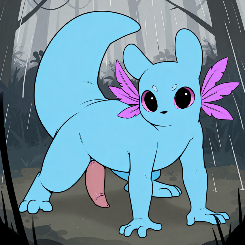 all_fours black_eyes ears_up feral forest genitals gills glans looking_at_viewer male mouthless nose penis pink_sclera plant raining solo tail tail_up tree snivyesp rain_world videocult rivulet_(rain_world) slugcat