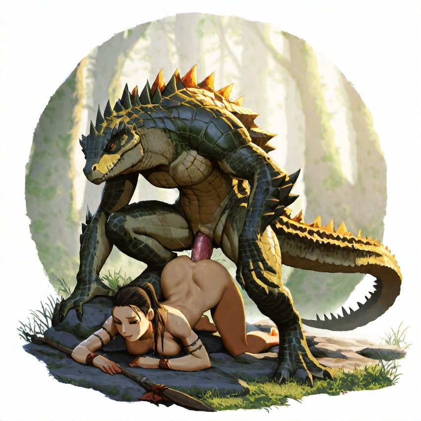 ambiguous_penetration anthro ass_up duo female from_behind_position male male/female melee_weapon outdoors penetration polearm sex spear weapon hyperion human lizard lizardman mammal reptile scalie