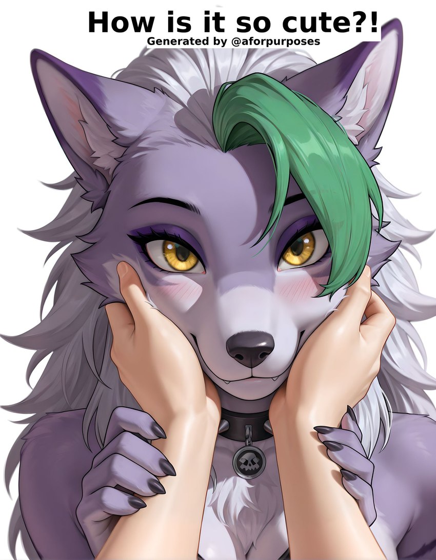 anthro blush collar duo female first_person_view looking_at_viewer simple_background smile solo_focus spiked_collar spikes white_background aforpurposes roxanne_wolf_(fnaf) canid canine canis mammal wolf hi_res