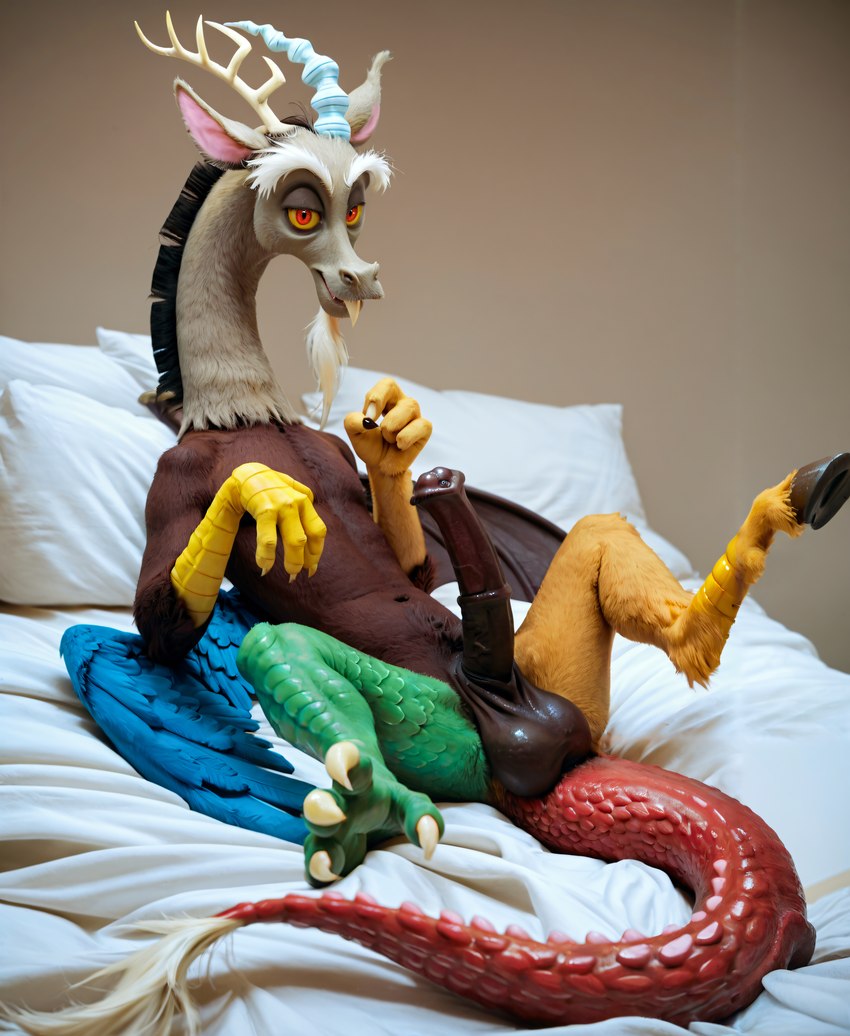 anthro balls beard bed black_balls black_penis brown_body brown_fur claws dragon_wings equine_genitalia facial_hair fangs feathers fur furniture genitals goatee heavy_balls hooves horn lying lying_on_bed male on_back on_bed penis photorealism pillow red_eyes solo spread_legs spreading wings yellow_sclera purrfectlyai discord_(mlp) chimera draconequus dragon my_little_pony absurd_res hi_res