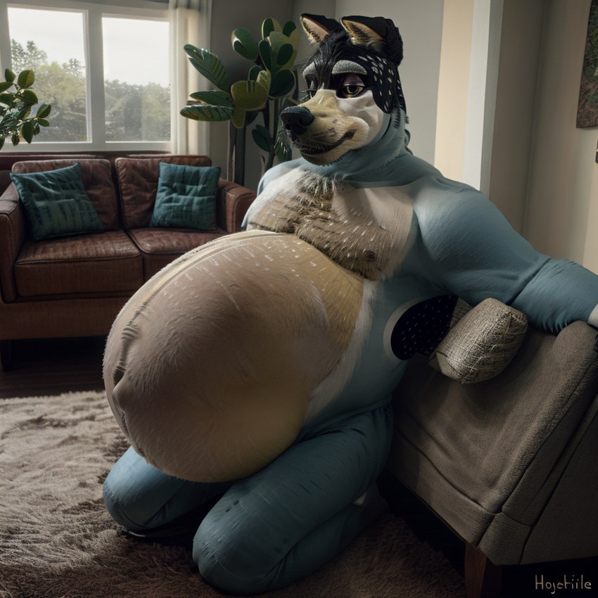 anthro belly black_body black_fur black_nose blue_body blue_fur curtains fur furniture indigo_furry_mix_v110_realistic kneeling living_room low_effort male plant pregnant pregnant_male sofa solo stable_diffusion window yellow_body yellow_fur malachiteai bluey_(series) bandit_heeler australian_cattle_dog canid canine canis cattledog domestic_dog herding_dog mammal pastoral_dog