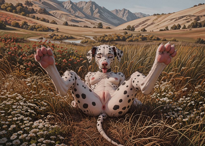 anthro anus big_feet black_body black_fur breasts butt chest_tuft claws creek day detailed_background digitigrade eyebrows eyes_closed feet female field floppy_ears flower foot_focus fur genitals glistening glistening_genitalia grass hill landscape light lying mountains multicolored_body multicolored_fur navel nipples on_back open_mouth open_smile outside pawpads peach_pussy pink_anus pink_nipples pink_nose pink_pawpads pink_pussy plant plump_labia pussy short_fur small_breasts smile solo solo_focus spots spotted_body spotted_fur spread_legs spreading sunlight tongue tongue_out tuft white_body white_claws white_fur blp canid canine canis dalmatian domestic_dog mammal hi_res