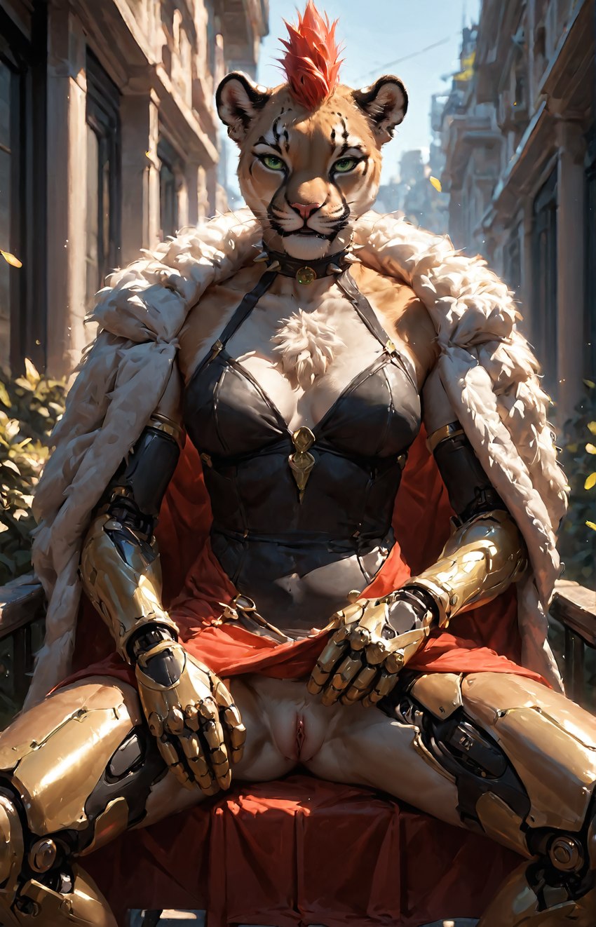 anthro athletic black_clothing breasts brown_body brown_fur choker clothed clothing clothing_lift coat cybernetic_arm cybernetic_leg cybernetic_limb cybernetics cyberpunk dress dress_lift female fur fur_clothing genitals green_eyes hair jewelry machine multicolored_body multicolored_fur necklace orange_body orange_fur presenting presenting_pussy pussy red_hair short_hair sitting sitting_on_bench solo tight_clothing topwear two_tone_body two_tone_fur white_body white_fur tiberiumcat tibe cougar felid feline mammal hi_res