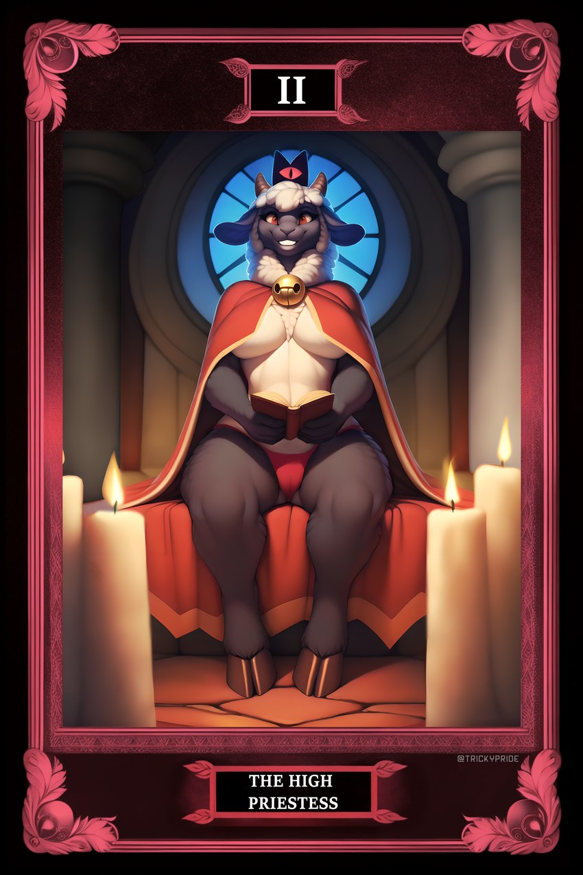 anthro bell bell_collar black_body book breasts candle candlelight capelet card clothed clothing collar crown female fire fortune_telling front_view grin grinning_at_viewer holding_book holding_object hooves horn light looking_at_viewer mostly_nude multicolored_body panties pillar pillars red_eyes ritual sitting skimpy smile smiling_at_viewer solo stained_glass tarot tarot_card thong two_tone_body under_boob underwear white_body window trickypride lamb_(cult_of_the_lamb) bovid caprine mammal sheep absurd_res hi_res watermark