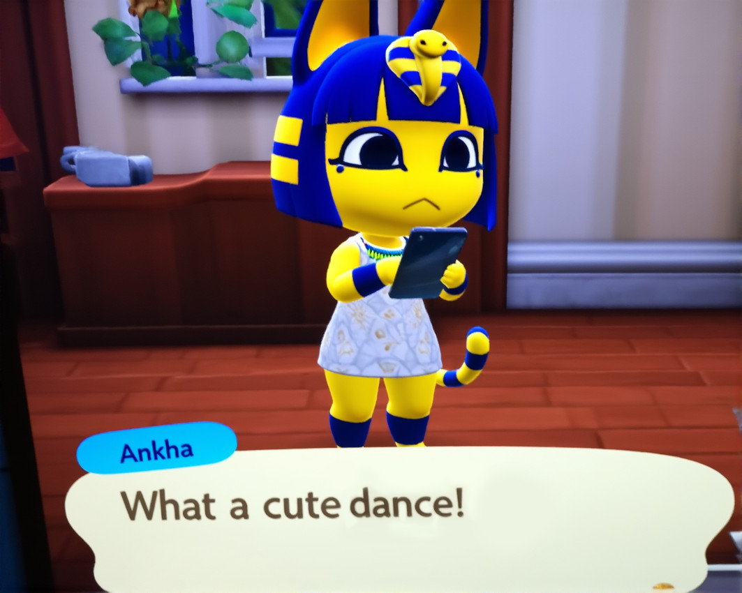 4_fingers anthro blue_hair clothing dialogue dress fake_screencap female fingers fur hair holding_object holding_phone humor inside looking_at_object looking_at_phone phone solo text white_clothing white_dress yellow_body yellow_fur cartuniverse animal_crossing nintendo ankha_(animal_crossing) domestic_cat felid feline felis mammal english_text