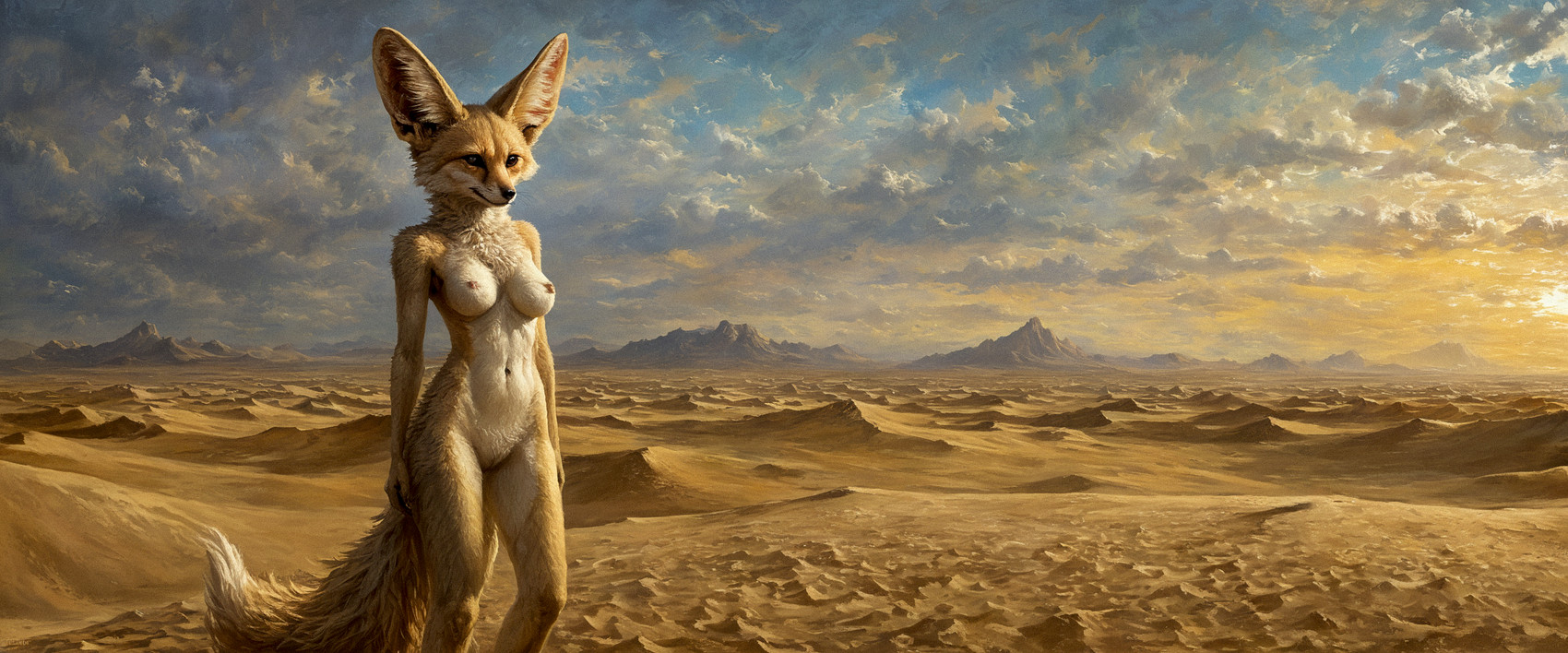 anthro big_ears breasts cloud cloudscape desert female fennec_ears fluffy fur genitals impressionism medium_breasts neck_tuft nipples nude pussy sand sky slim_female smile solo standing sunset tuft vulpine yellow_body yellow_eyes yellow_fur akhiezer canid canine fennec fox mammal hi_res oil_painting_(artwork) painting_(artwork) traditional_media_(artwork)