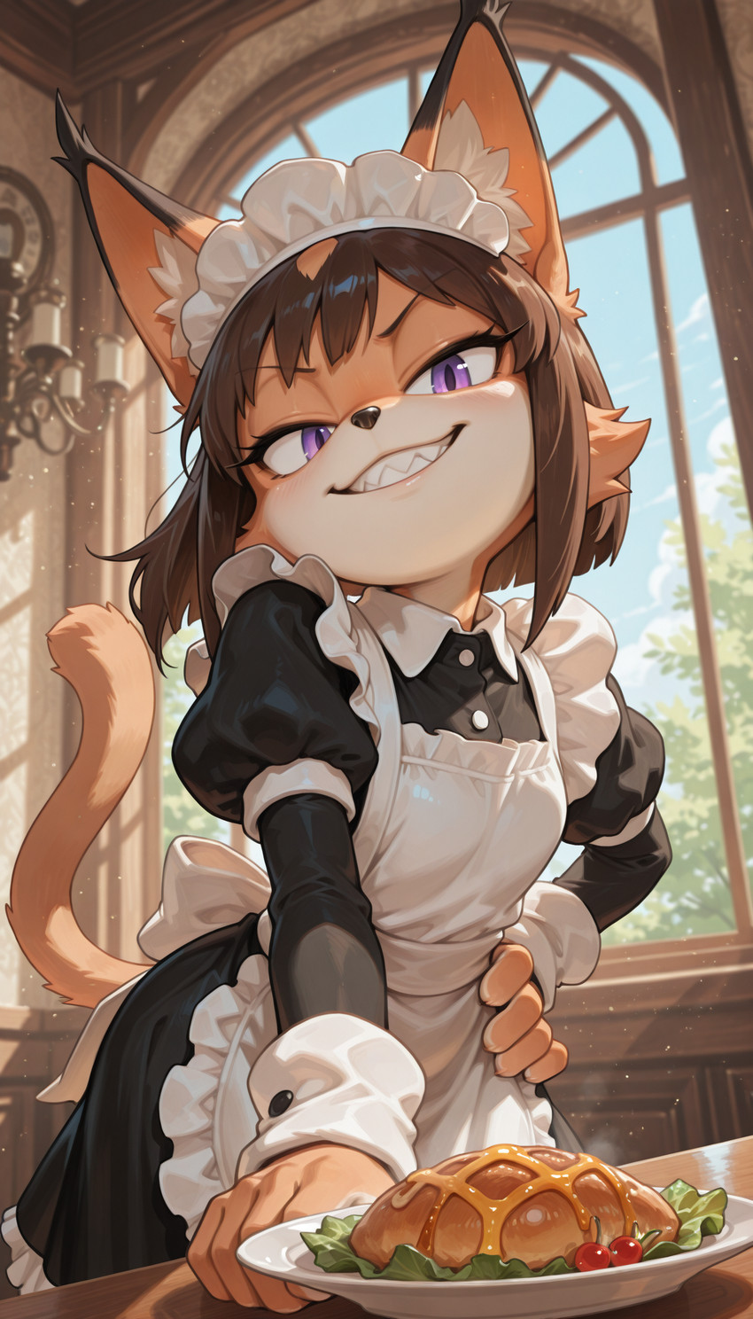 anthro apron brown_body brown_eyes brown_fur clothing eyelashes female food frilly frilly_clothing fur furniture hair hand_on_hip inside maid_headdress maid_uniform purple_eyes sharp_teeth short_hair smile smiling_at_viewer solo table teeth uniform crody felid feline felis lynx mammal hi_res