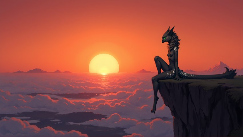 anthro beak black_body black_fur breasts claws cloud digitigrade feet female fluffy fur green_sclera landscape long_tail mountains neck_tuft side_view sitting slim small_breasts solo spots spotted_body spotted_fur sunset tuft oldhroft shadow_(oldhroft) avian velari absurd_res hi_res wallpaper