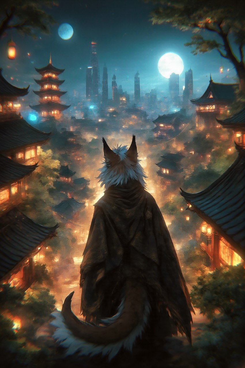 anthro city cityscape cyberpunk japanese_architecture male saren_(nekomatasaren) solo nekomatasaren felid feline hybrid lynx mammal 2:3 colorful hi_res