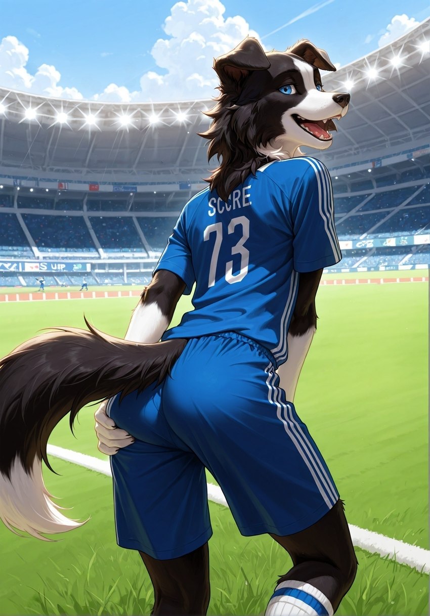 anthro butt field hand_on_butt jersey looking_at_viewer male smile solo solo_focus sport zoleth finley border_collie canid canine canis collie domestic_dog herding_dog mammal pastoral_dog sheepdog hi_res