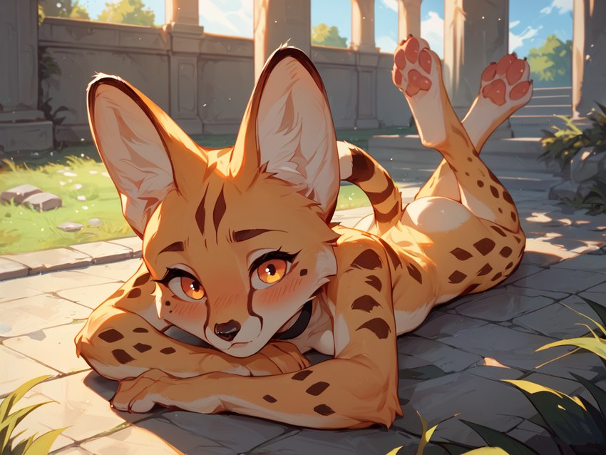 anthro breasts butt collar collar_only courtyard female fur looking_at_viewer lying lying_on_ground nude nude_female on_front orange_eyes outdoor_nudity outdoors outside pawpads paws plant raised_tail solo spots spotted_body spotted_fur suggestive syrvil syrvil_(character) felid feline mammal serval