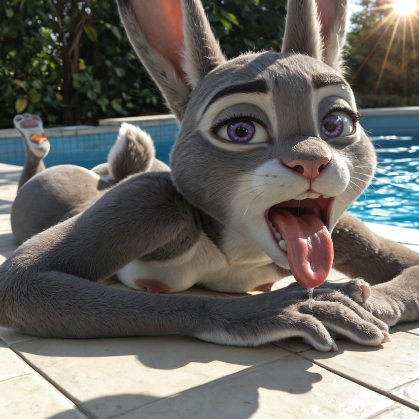 ahegao anthro bodily_fluids breasts buckteeth butt detailed_eyes detailed_fur disney dripping feet feet_up female floor gesture inverted_nipples light looking_at_viewer looking_pleasured lying nipples on_front open_mouth pointing pointing_at_viewer poolside purple_eyes rabbit_ears rabbit_nose raised_tail saliva saliva_drip saliva_on_tongue small_breasts solo sunlight sunny teeth tile tile_floor tongue tongue_out umbrella water abysswatcher zootopia judy_hopps lagomorph leporid mammal rabbit invalid_tag absurd_res detailed hi_res