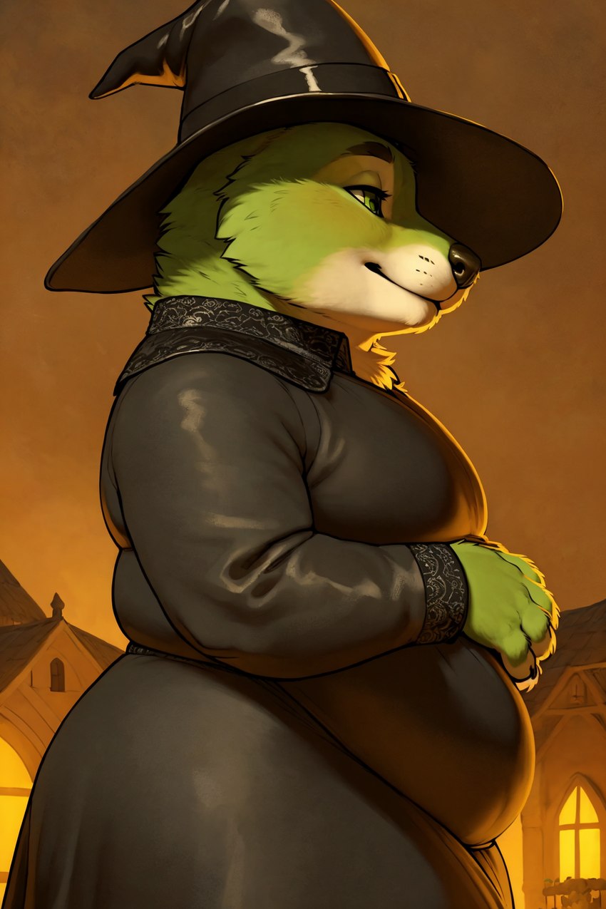 anthro black_clothing black_headwear clothed clothing crossdressing detailed_background fur green_body green_eyes green_fur hat headgear headwear male outside overweight overweight_anthro overweight_male solo witch_clothes witch_hat mexlicano big_bad_wolf_(shrek) canid canine canis mammal wolf hi_res