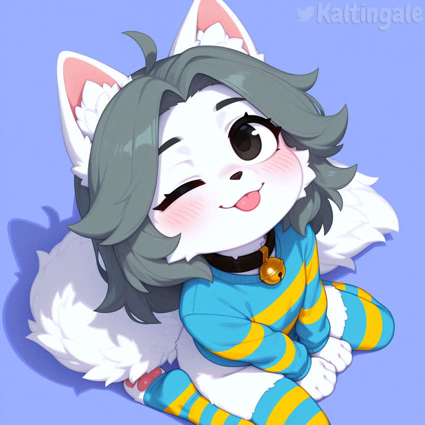 4_fingers anthro bell bell_collar black_eyes black_nose blep blush cheek_tuft clothing collar facial_tuft female fingers flat_chested fluffy fluffy_tail fur grey_hair hair high-angle_view inner_ear_fluff legwear long_hair long_tail looking_at_viewer looking_up one_eye_closed pattern_clothing pattern_legwear pattern_topwear pawpads side_view simple_background sitting solo striped_clothing striped_legwear striped_topwear stripes sweater tail thigh_highs tongue tongue_out topwear tuft white_body white_fur wink kaltingale_(director) undertale undertale_(series) temmie_(undertale) hi_res watermark