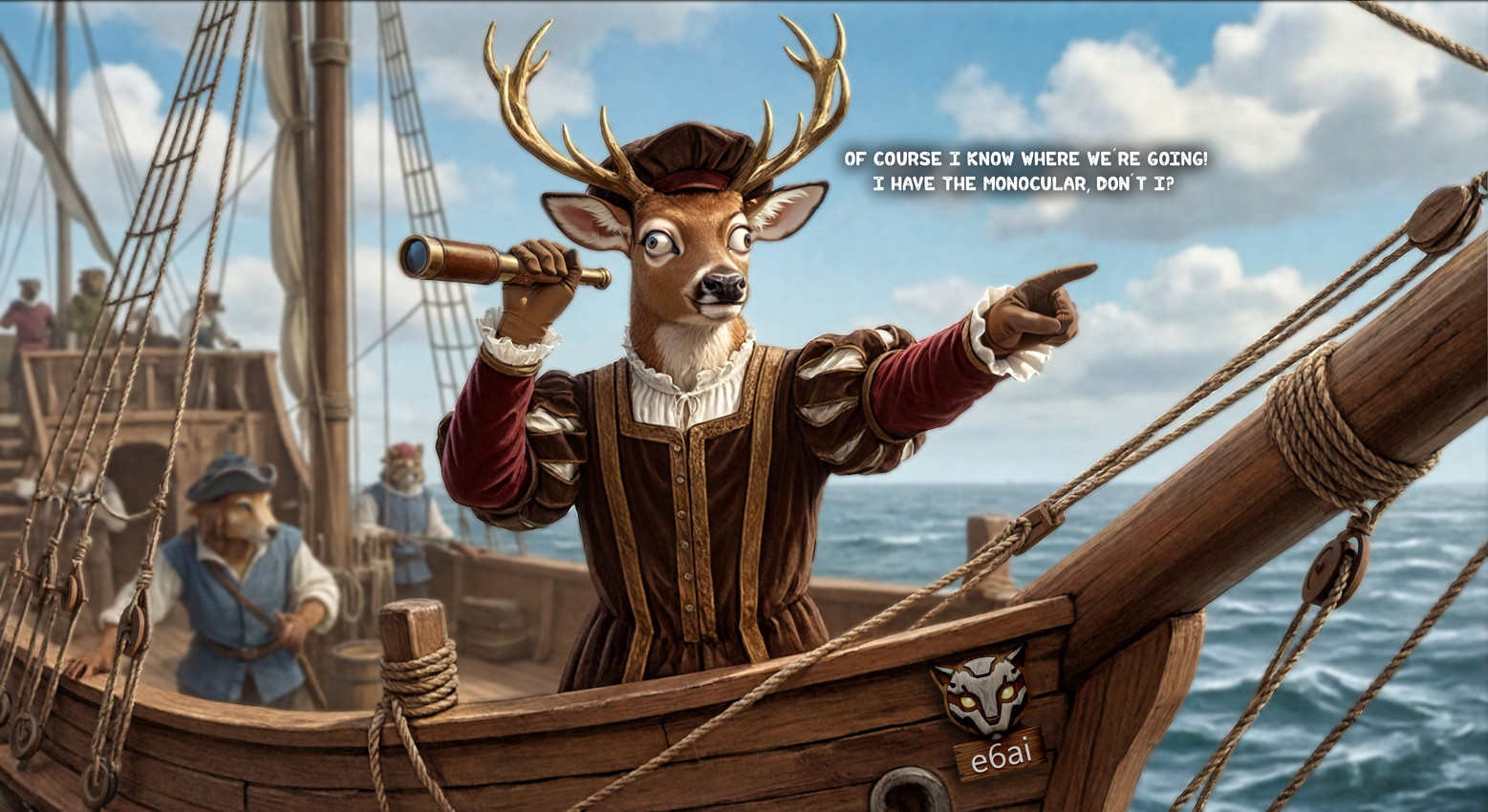 anthro antlers blue_sky blurred_background brown_body brown_fur clothed clothing cloud day depth_of_field derp_eyes dialogue doublet front_view fully_clothed fur gesture hat headgear headwear holding_object horizon horn logo male outside pointing rope sea ship sky smile solo standing telescope text vehicle water watercraft white_body white_fur jelloponies e6ai jello_(jelloponies) cervid mammal hi_res
