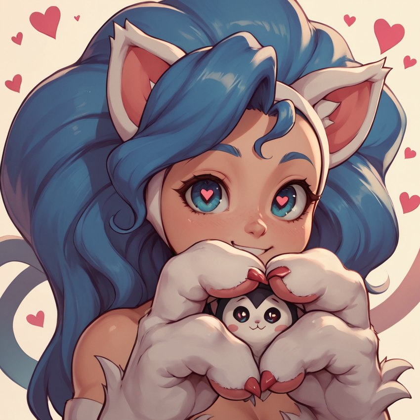 <3 <3_eyes anthro bare_shoulders blue_eyes blue_hair chibi female fur grin grinning_at_viewer hair looking_at_viewer paws smile solo redstallion_(director) felicia_(darkstalkers) felid feline mammal