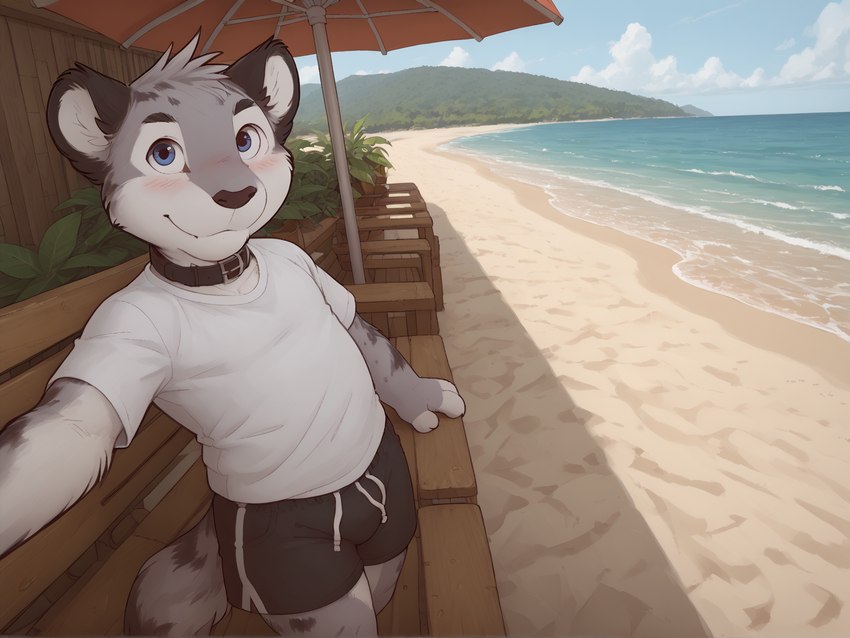 anthro beach bench blue_eyes blush bottomwear clothing cloud collar fur hill hillside looking_at_viewer male plant sea seaside selfie shirt shorts slightly_chubby solo topwear umbrella water wave white_clothing white_shirt white_topwear markrhey domestic_cat felid feline felis mammal hi_res