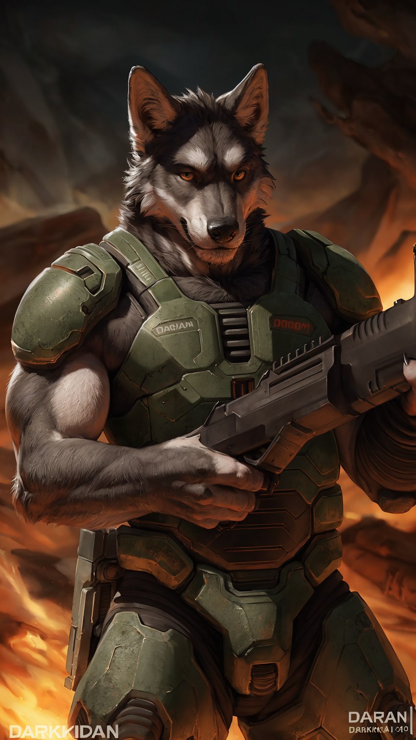 anthro armor coconut_furry_mix_2_(model) doom_(game) doom_eternal_(game) doomguy_(doom) gun male ranged_weapon solo weapon yuki_laneige canid canine canis mammal wolf hi_res tagme