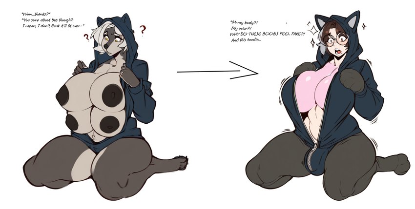 4_breasts anthro anthro_to_human big_breasts black_nipples blue_clothing blue_hoodie blue_topwear blush breasts brown_hair butt clothing confused_expression countershading curvaceous curvy_figure dialogue fake_breasts fake_ears fake_paws fakeifcation female ftm_transformation fur gender_transformation grey_body grey_fur grey_hair hair hoodie huge_breasts magic male multi_breast nerdfication nipples shocked_expression silver_highlights simple_background solo solo_focus species_transformation thick_thighs topwear trans_(lore) trans_woman_(lore) transformation tuft voluptuous wide_hips zipper blubtf asher_greymane canid canine canis human mammal were werecanid werecanine werewolf wolf hi_res sequence