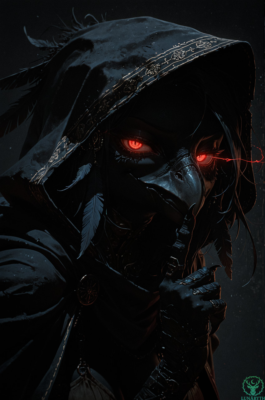 anthro beak black_background black_body black_hair breasts claws cloak clothing eye_trail fantasy feathers female gesture glowing glowing_eyes hair hood looking_at_viewer medieval red_eyes shush simple_background solo lunaryth avian absurd_res hi_res portrait watermark