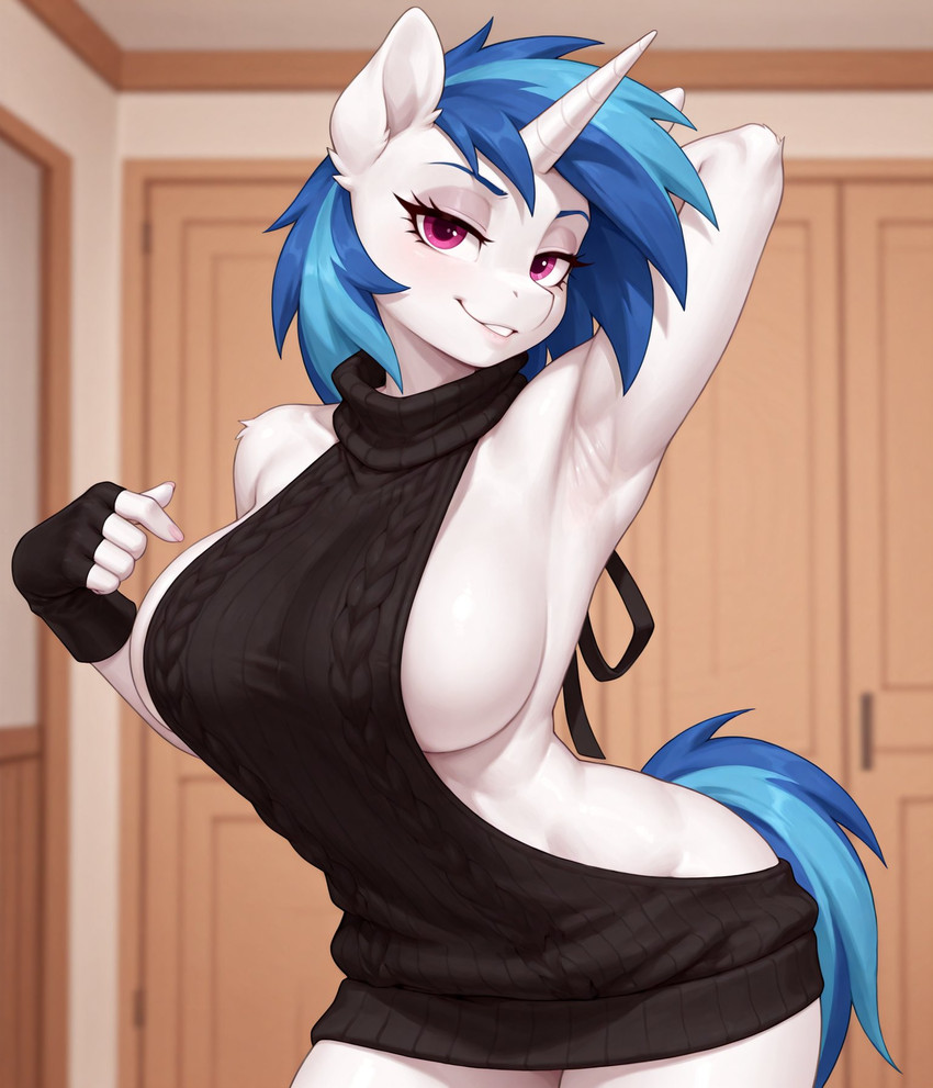 anthro bedroom_eyes black_clothing blue_hair bottomless breasts clothed clothing eyelashes female fingerless_gloves gloves hair handwear horn inside looking_at_viewer narrowed_eyes purple_eyes seductive side_boob skimpy solo sweater topwear white_body lewdtf friendship_is_magic meme_clothing my_little_pony virgin_killer_sweater vinyl_scratch_(mlp) equid equine mammal unicorn hi_res meme