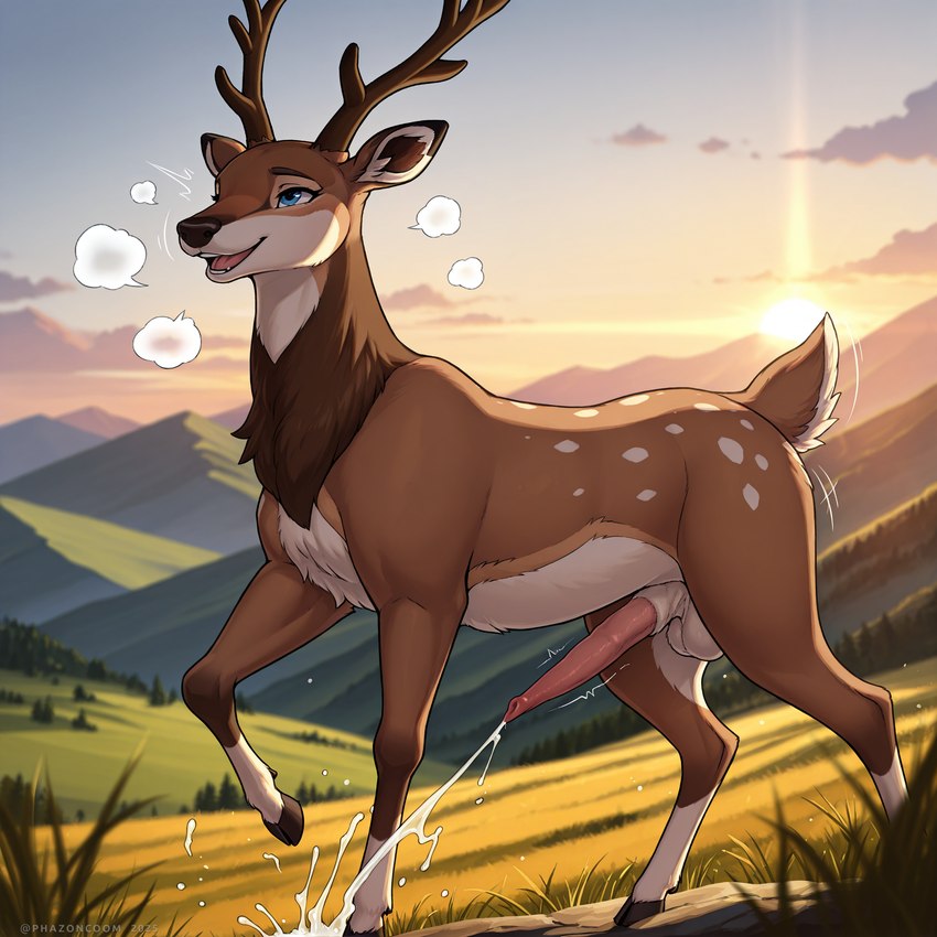 animal_genitalia animal_penis antlers balls bodily_fluids breath_cloud cervine_genitalia cervine_penis cum cumshot ejaculation feral fur genital_fluids genitals grass hooves horn male mountains neck_tuft penis plant scut_tail short_tail solo sunset throbbing_balls throbbing_penis tuft matt3985_(director) phazon nintendo pokemon cervid cervine generation_5_pokemon mammal pokemon_(species) sawsbuck hi_res signature