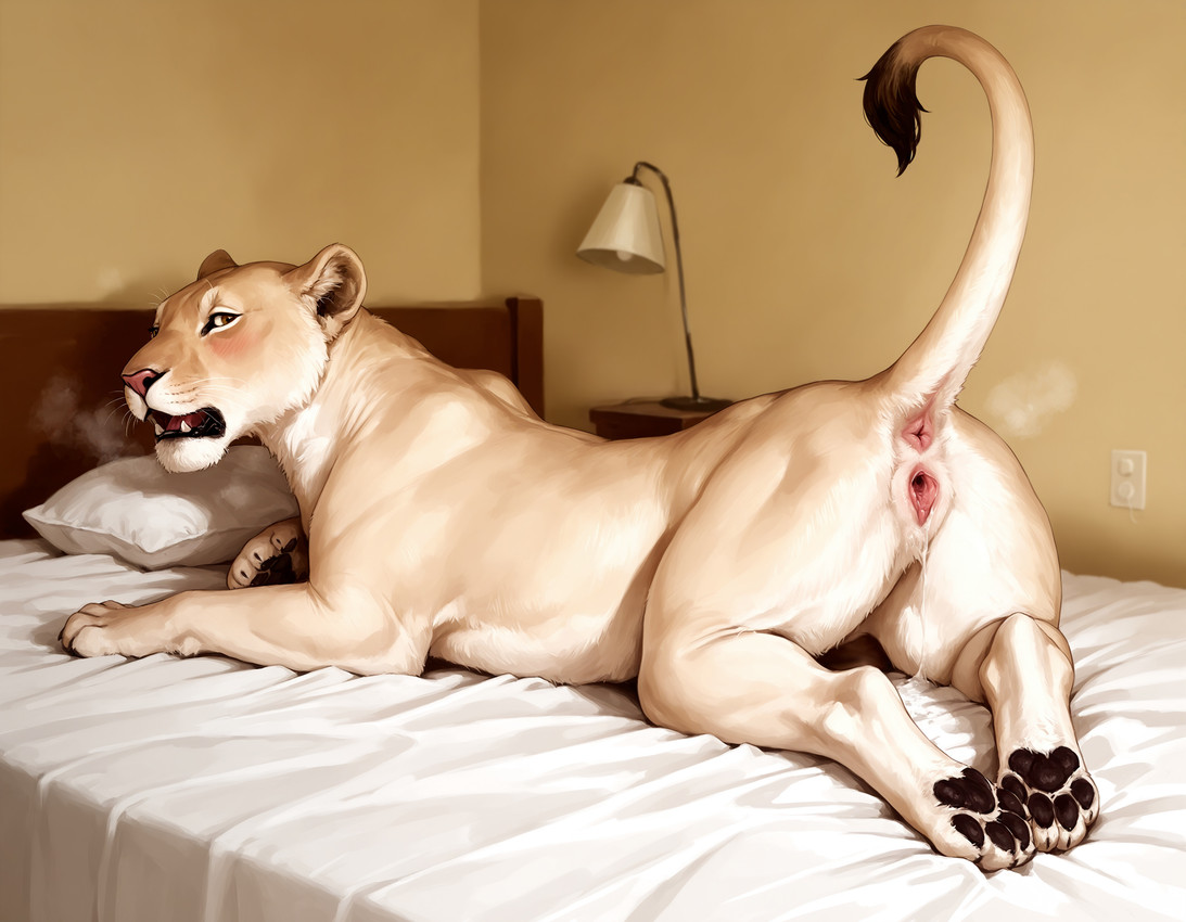 anatomically_correct anatomically_correct_genitalia animal_genitalia animal_pussy anus bed bedroom bestiality black_pawpads bodily_fluids breath brown_eyes butt fangs feline_genitalia feline_pussy female feral fur furniture furniture_lamp gaping gaping_pussy genital_fluids genitals light looking_at_viewer lying lying_on_bed on_bed on_front open_mouth pawpads paws pillow pink_anus pink_pussy presenting presenting_hindquarters presenting_pussy pussy pussy_juice seductive side_view solo sunlight tail tail_tuft tan_body tan_fur teeth tuft jensenai felid feline lion mammal pantherine hi_res
