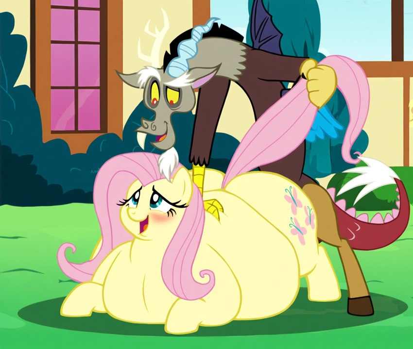 anthro big_butt blush butt duo female feral from_behind_position fur hair looking_pleasured male male/female obese obese_feral overweight overweight_female overweight_feral pink_hair sex tail_grab thick_thighs wide_hips yellow_body yellow_fur my_little_pony fluttershy_(mlp) chimera draconequus equid equine horse hybrid mammal pony hi_res