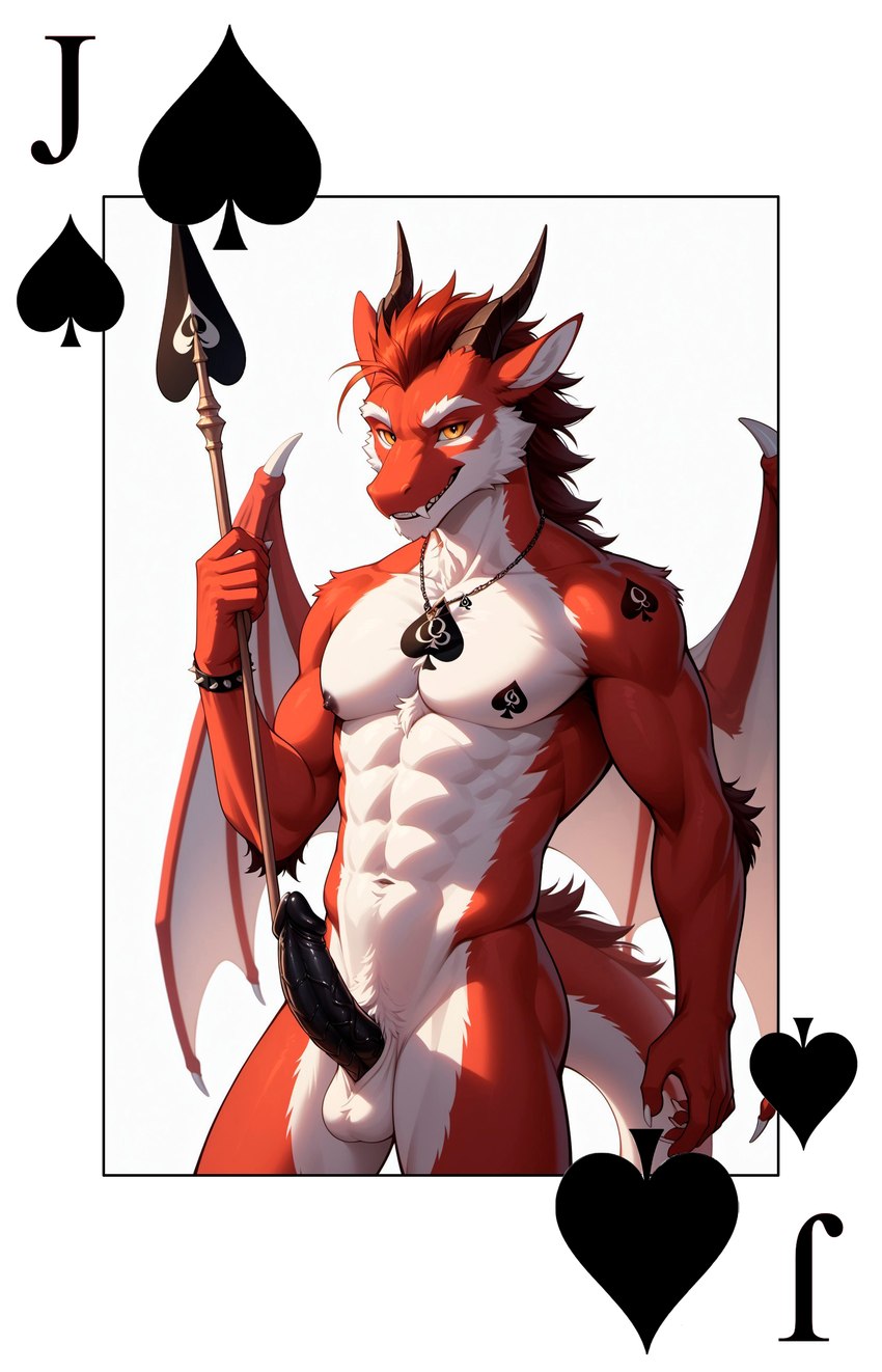 abs animal_ears anthro athletic athletic_male balls black_penis card dragon_tail erection eyebrows fur genitals hair holding_object holding_weapon horn jewelry looking_at_viewer male male_focus medium_hair melee_weapon membrane_(anatomy) membranous_wings multicolored_body necklace nipples penis playing_card poker polearm red_body red_fur red_hair simple_background smile solo solo_focus spade spear weapon wings yellow_eyes director_yeenashaven dragon furred_dragon absurd_res hi_res portrait three-quarter_portrait