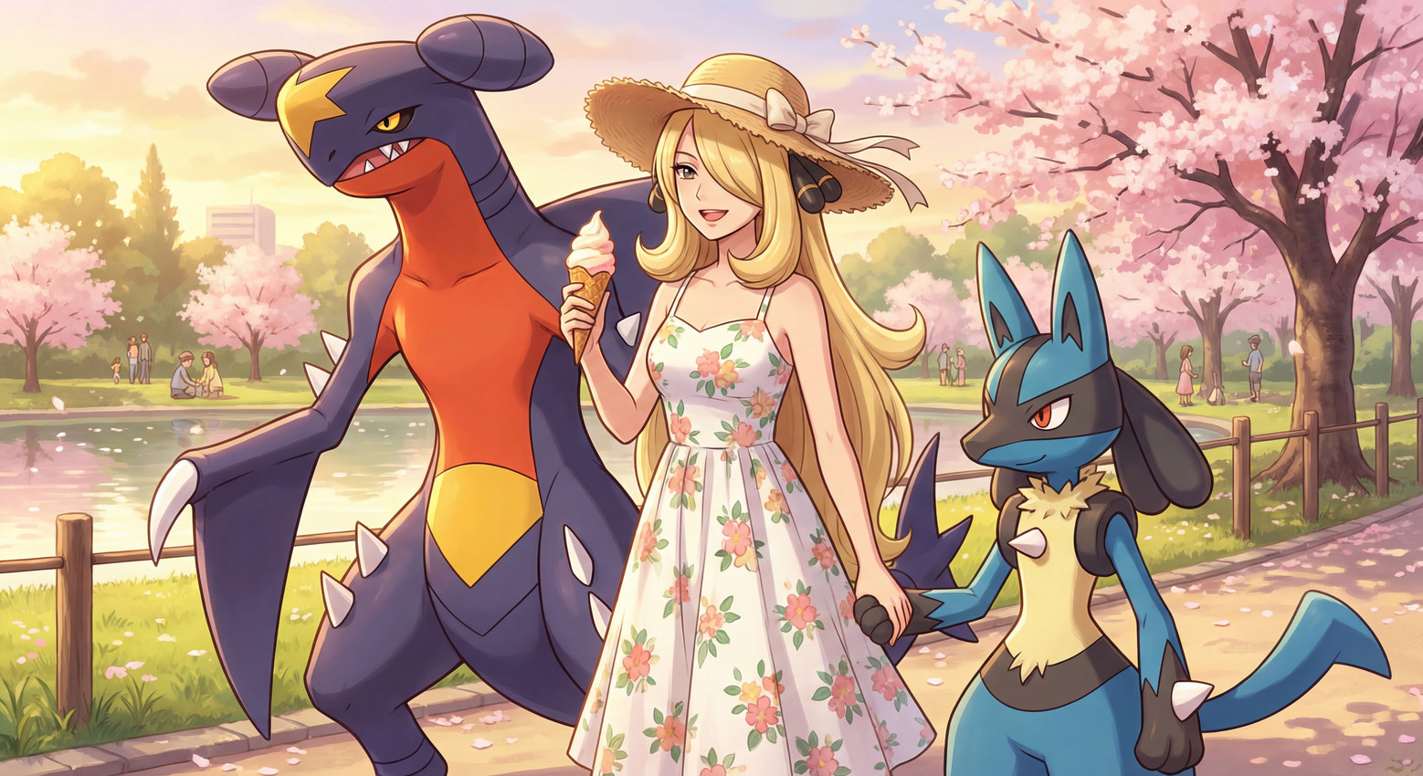 accessory ambiguous_gender anthro blonde_hair blue_body cherry_blossom cherry_blossom_tree cherry_tree claws clothing dessert dress female food fruit_tree group hair hair_accessory hand_holding hat headgear headwear holding_object ice_cream long_hair open_mouth open_smile outside park path plant pokemon_champion pond semi-anthro sharp_teeth smile straw_hat sundress teeth tree trio tuft water tyto4tme4l nintendo pokemon cynthia_(pokémon) garchomp generation_4_pokemon human lucario mammal pokemon_(species) absurd_res hi_res