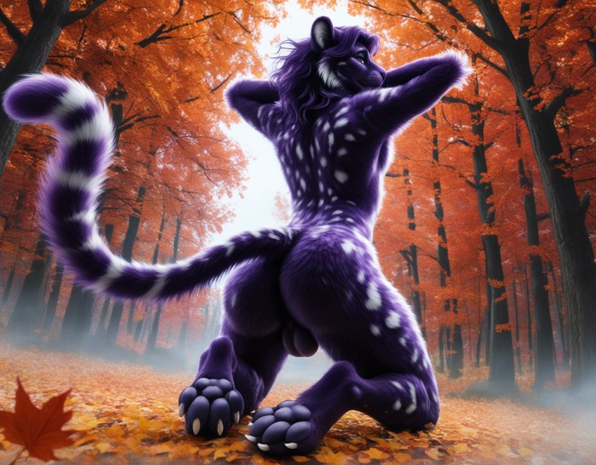 4_toes anthro autumn backsack balls black_eyes blurred_foreground butt claws depth_of_field feet fog forest fur genitals hair hands_behind_head kneeling looking_back male medium_hair on_ground outside pawpads plant purple_balls purple_body purple_fur purple_hair purple_pawpads rear_view round_ears sky small_waist solo spots spotted_body spotted_fur toes tree white_claws white_sky white_spots 7oxytron felid mammal pantherine